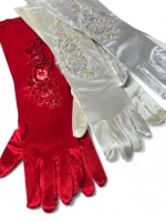 Manusi lungi din satin cu dantela, 40cm, Crem - imagine 2